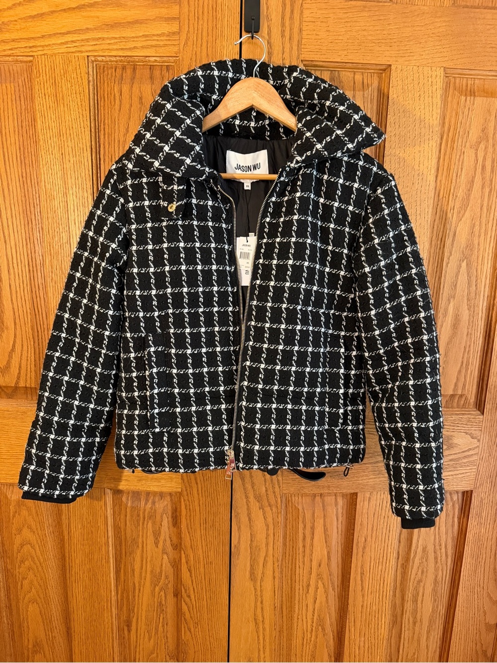 Jason Wu Black & White Plaid tweed puffy Bomber Jacket